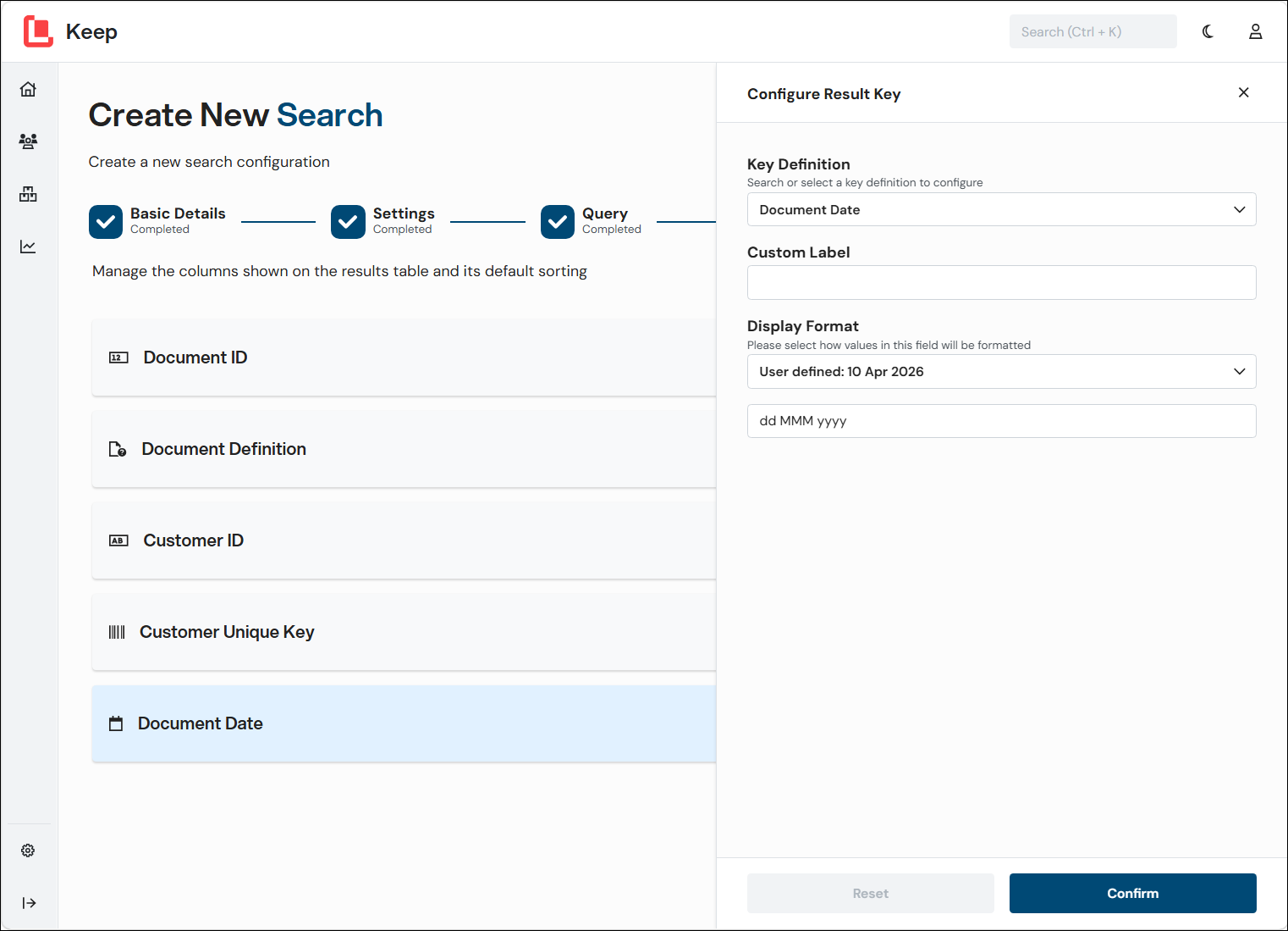 The Configure Results Key pane for a result key of a search configuration.